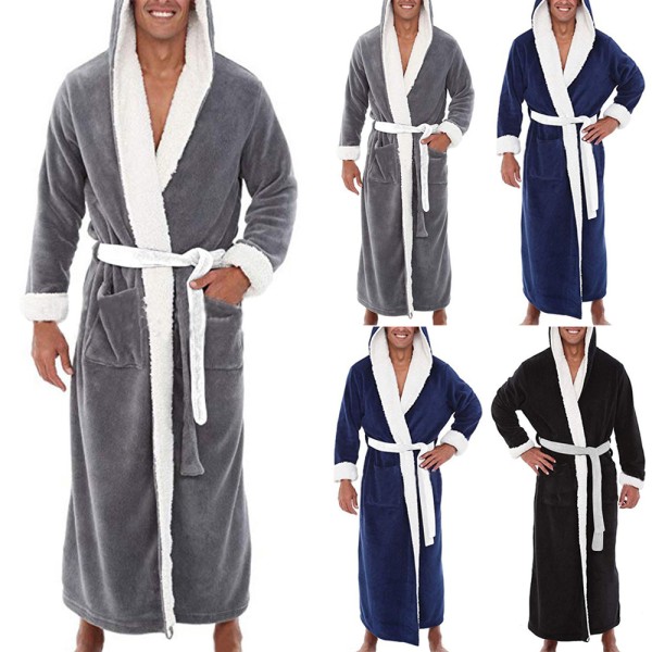 Morgonrock för män Tjock Fleece Varm Hoody Wrap Robe Sovkläder Blue XL