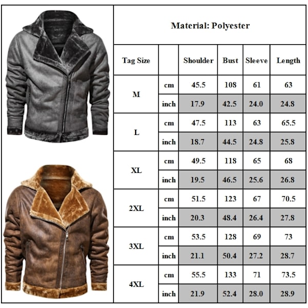 Vinterjakke til mænd, pilotjakke i kunstlæder, retrokrave til mænd, jakke med lammeuldfor, sportsjakke Grey 4XL