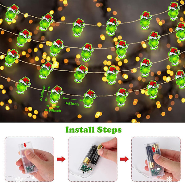 Grinch Juldekorationer 3 m 30 LED Batteridrivna Julbelysning Med Timer Gröna Julsträngljus Inomhus Dekoration För Nyår 3m