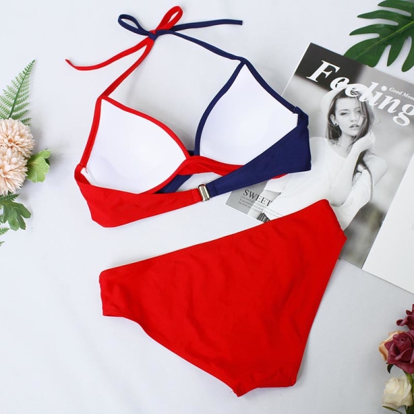 Färgblockerad bh-bikiniset för kvinnor, brasiliansk baddräkt Dark Blue + Red L