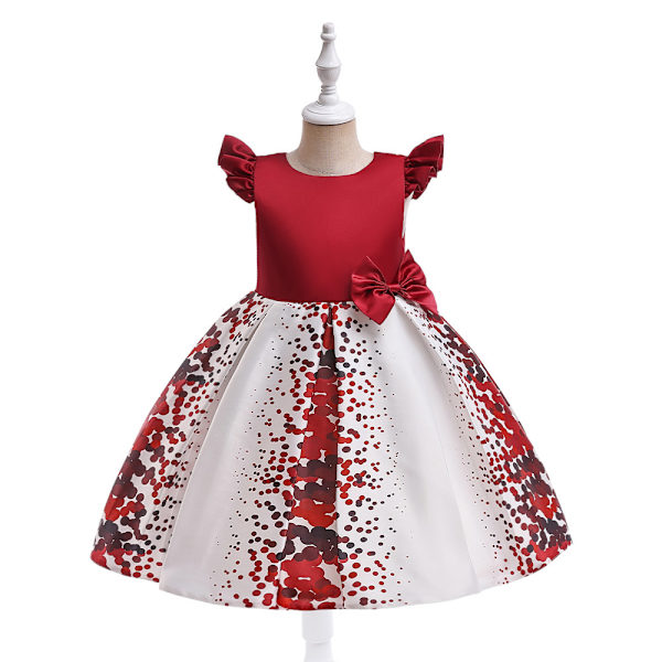 Flickors Julklänning med Rosett Elegant Brudtärna Bröllopsklänning Maroon 130CM