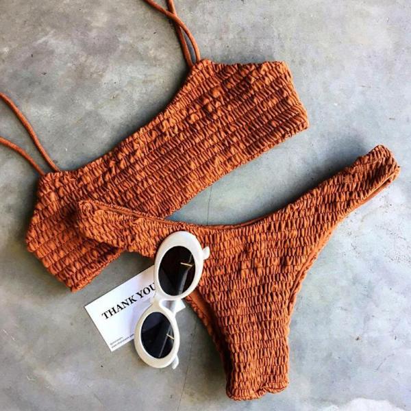 Sexig Kvinnlig Crinkle Strap Bikini Set Push Up Baddräkt Orange M