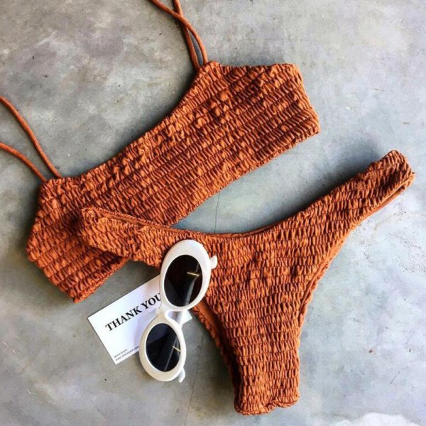 Sexiga kvinnor Crinkle Strappy Bikini Set Push Up Badkläder Baddräkt Orange L