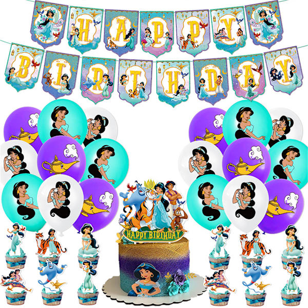 Jasmine Aladdin Hemfödelsedag Dekorationer Banner Ballonger Tårta Topper Tillbehör