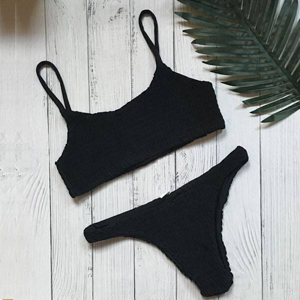 Sexig Kvinnlig Crinkle Strap Bikini Set Push Up Baddräkt Black M