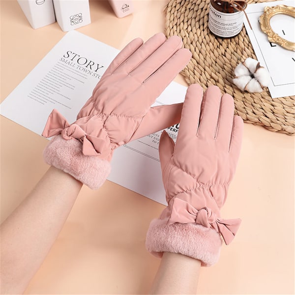 Mjuka mockagolvhandskar för kvinnor, fodrade med fleece, varma vinterhandskar med hela fingrar Pink