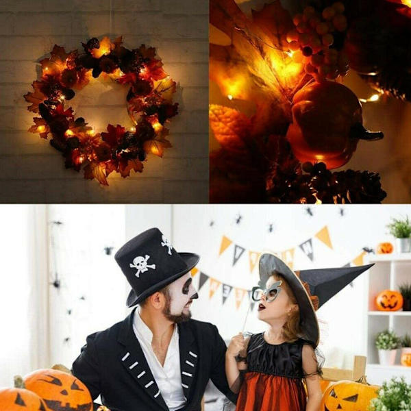 Halloween-koriste kurpitsa, männynkäpy, vaahteranlehti LED-köynnös Garland Pine Cone LED