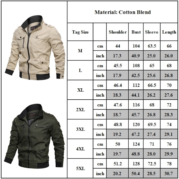 Herrarnas bomullslätt multifickjacka med dragkedja fram och uppfällbar krage Militärjacka Vindtät jacka Khaki M