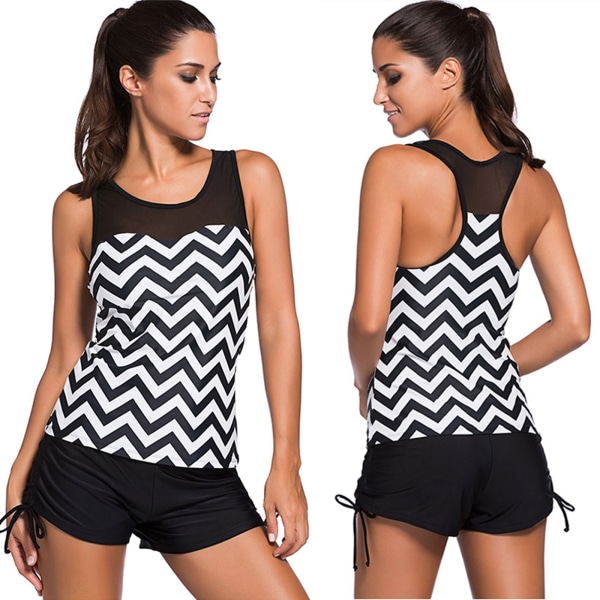 Dam Geometrisk Tankini Set med Boy Shorts Baddräkt Badkläder Black & White M