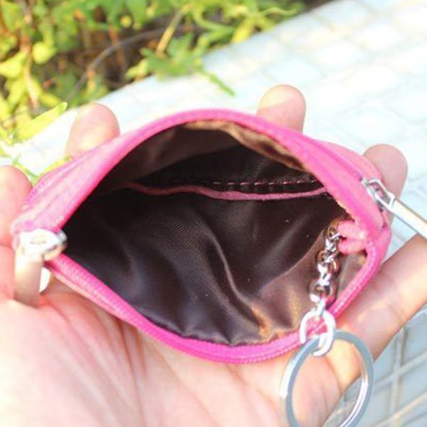 Läder liten plånbok Korthållare Mini Nyckelring Dragkedja Myntväska Rosröd 10x7cm
