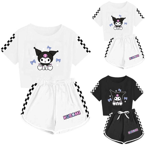 Kids Girls T-Shirt+Shorts Kuromi Printed Short Sleeve Sports Casaul Outfits Set Black 140cm