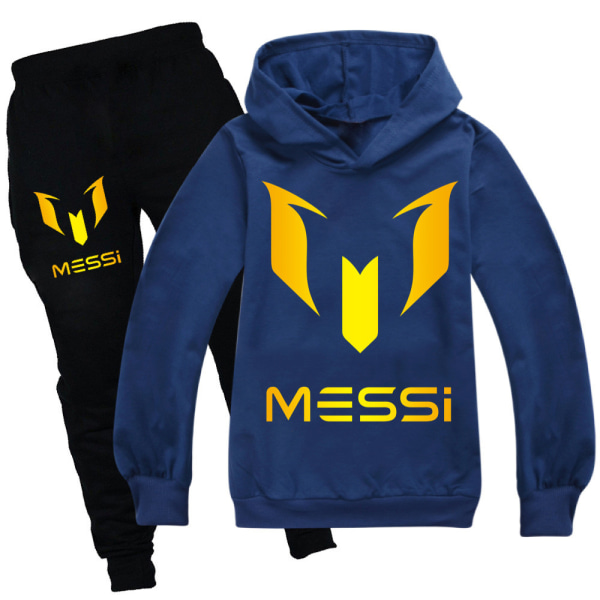 Barn Pojke Flicka Messi Fotboll Fotboll Hoodies Träningsoverall Set Sweatshirt Toppar Byxor Navy blue 130cm