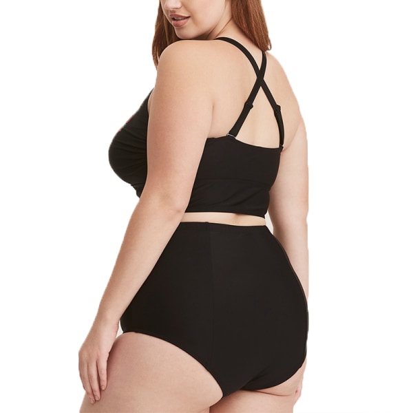 Plus Size Damkläder Högmidjad Baddräkt Ros Bikini Set Baddräkt Black 2XL