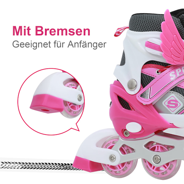 Inlineskates, justerbara rullskridskor, inlinehjul med ljus, rullskridskor, inliner, justerbar storlek 26-41, trippelt skydd Pink M