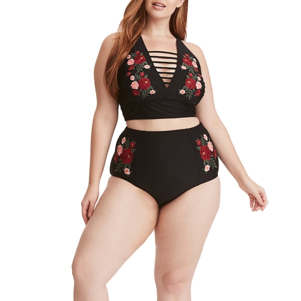 Plus Size Damkläder Högmidjad Baddräkt Ros Bikini Set Baddräkt Black 4XL