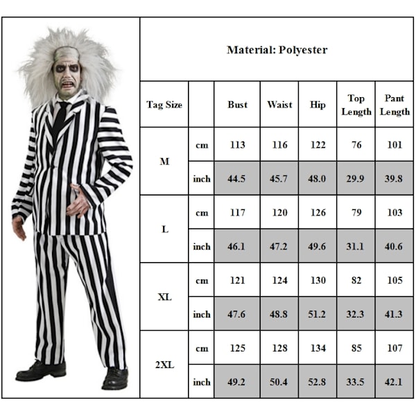 Rolig kostym Beetlejuice herr kostym, svart och vit randig kostym frack, lämplig för filmrollspel, spöke klädsel och Halloween M