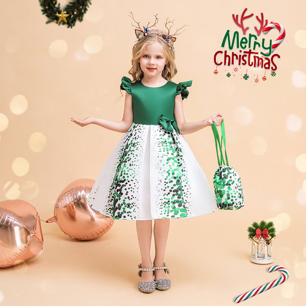 Flickors Julklänning med Rosett Elegant Brudtärna Bröllopsklänning Dark green 130CM