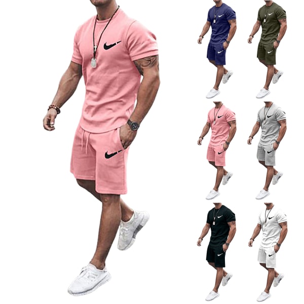 Herr Nikes sommar casual träningsset kortärmad topp och shorts sportset utomhusträning t-shirts shorts sportkläder Light Grey 5XL
