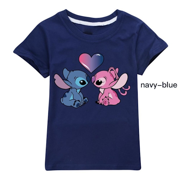 Stitch Flickor Pojkar Tecknad Tryckt T-shirt Sommar Kortärmad Tröja Bomull Rundhals Toppar Navy Blue 160cm