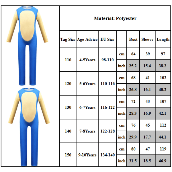 Sonic The Hedgehog Cosplay Halloween Kläder för Barn Pojkar Flickor Sonic Jumpsuit + Mask + Handskar 7-8 år = EU 122-128
