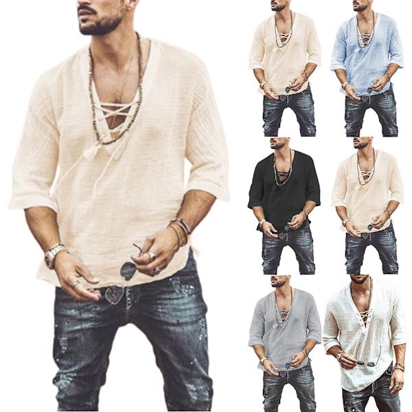 Miesten vintage-batikoidut nauhalliset hippi-henley-paita white L