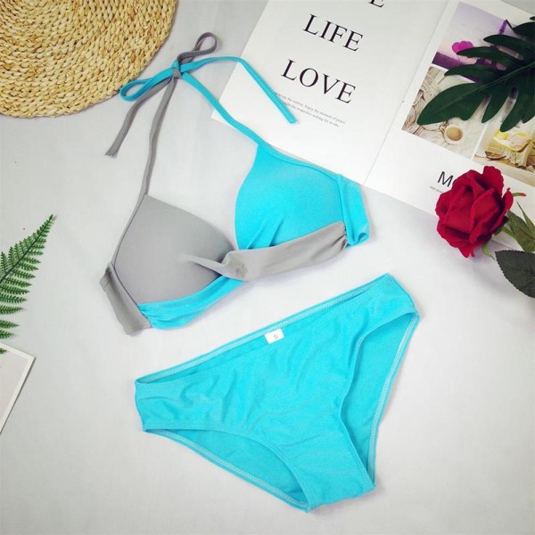 Kvinnor Color Block BH Bikini Set Brazilian Swimsuit Badkläder Light Grey + Sky Blue L