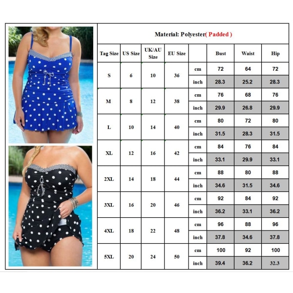 Dam Polka Dot Swim Dress Baddräkt Badkläder Plus Size Blue 4XL