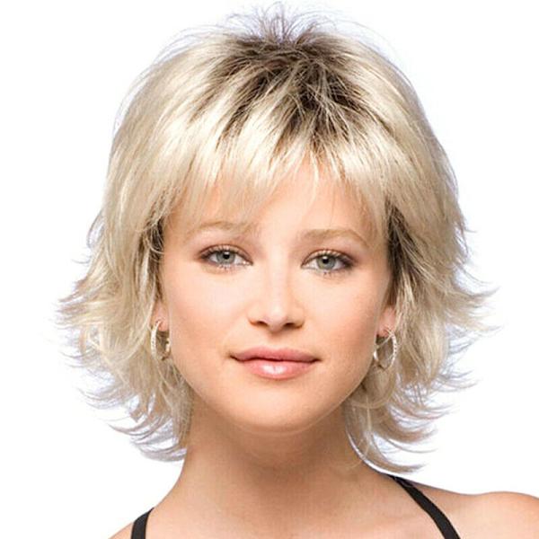 Kort Peruk för Kvinnor Pixie Syntetisk Full-Top Peruk med Lugg Lockigt Gold Blonde