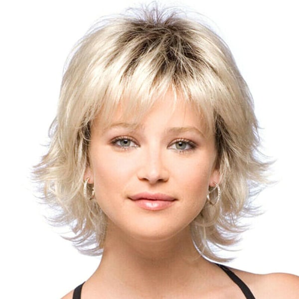 Kort peruk för kvinnor Pixie Synthetic Full-Top Peruk Bangs Curly Gold Blonde