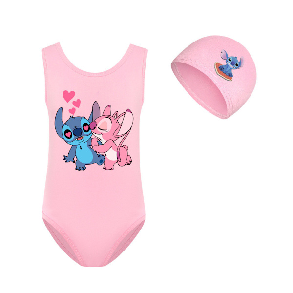 Lilo & Stitch Baddräkt för Flickor, En Delig Kostym med Badmössa för Sommarstrandsemester Pool Surf Pink 130cm