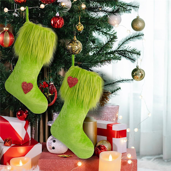 1 st Grön Sammetsjulklappstrumpa för Spismantel eller Vägg Juldekoration