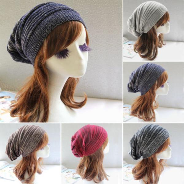 Vinterlue for kvinner, strikket baggy beanie, avslappet ullhatt Grey - White