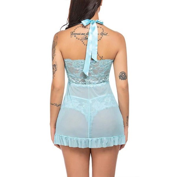 Kvinnor Sexiga underkläder Mesh Push-Up Halter Neck Klänning Nattkläder Blue 2XL