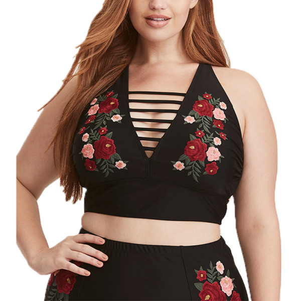 Plus Size Damkläder Högmidjad Baddräkt Ros Bikini Set Baddräkt Black 2XL