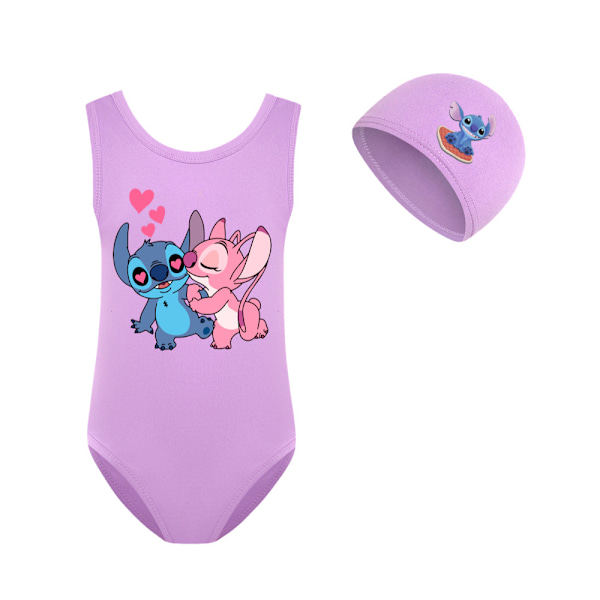 Lilo & Stitch Barn Flickor Tecknad Baddräkt Hel Baddräkt Med Badmössa för Sommar Strand Semester Pool Surf Purple 150cm