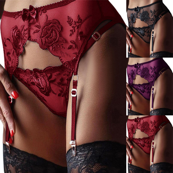 Kvinnor Spets Blommor Strumpeband Bälte Sexiga underkläder G-string Set Red XL