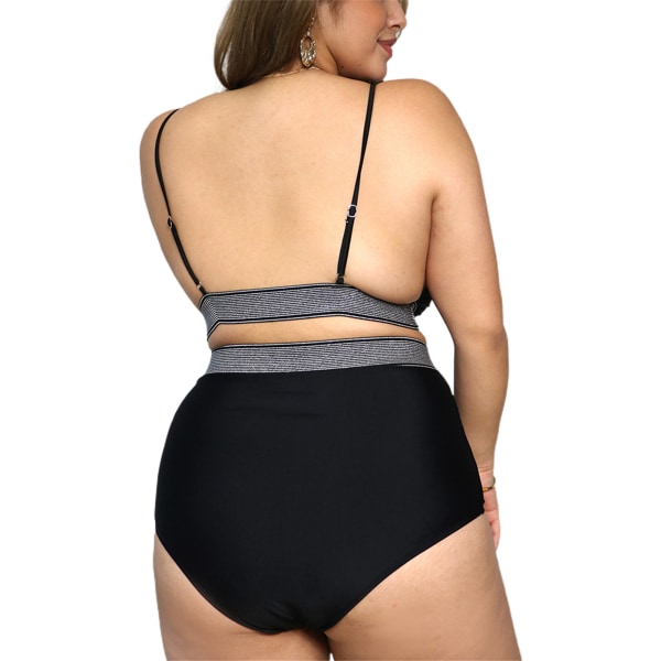 Kvinnor med hög midja Strappy Bikini Set Badkläder Baddräkt Oversized Svart XL