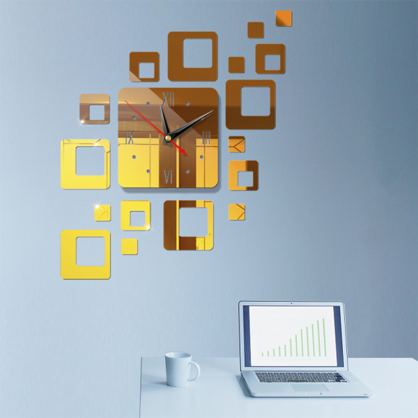 Ramlös DIY Cube Wall Mute Clock Home Office Decor Gold