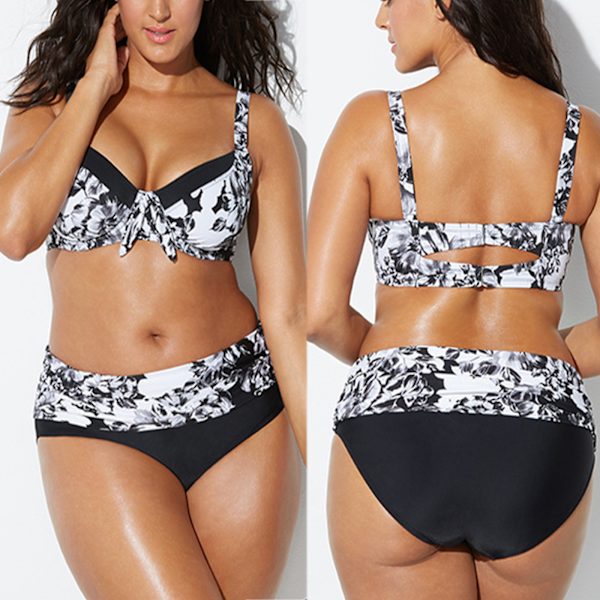 Plus Size Dame Sort Hvid Blomstret Bikini Sæt Badetøj Badedragt Black & White 2XL