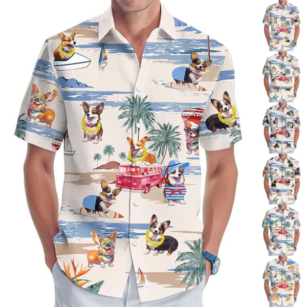 Stora och långa herrskjortor med korta ärmar, herrskjorta med hawaiianskt tryck och krage A S