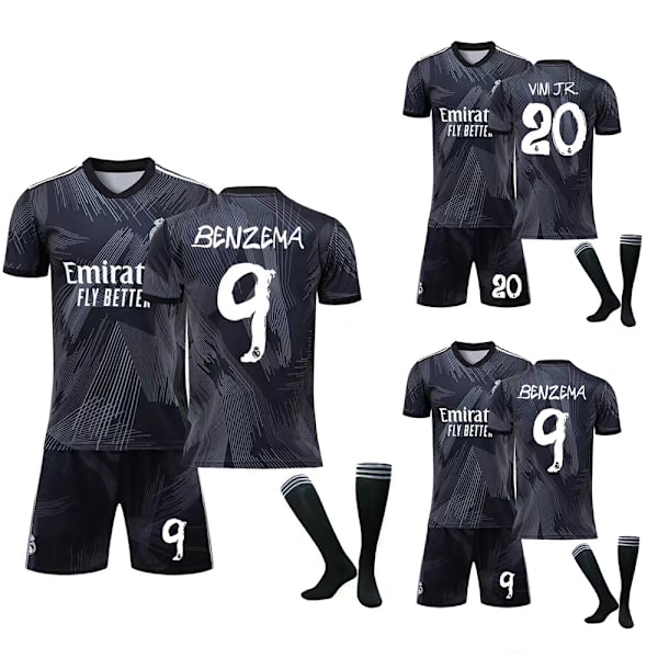 Barnfotbollströja Vini JR #20 Benzema # 9 Fotbollströjor Jersey Set #9 8-9Y