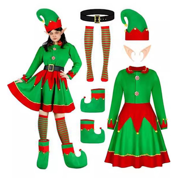 Jultomtenissdräkt Set Santas Hjälpare Cosplay Outfit Klänning Bälte Öron Strumpor Tomteluva Skor för Kvinnor Julparty M