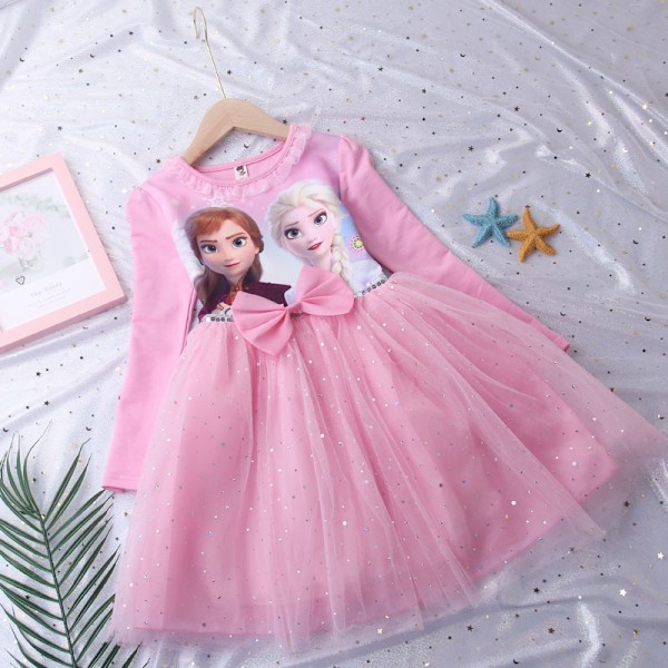 Barn Flickor Frozen Anna Elsa Rosett Prinsessklänning Fest Långärmad Tutu Klänningar Pink 130cm