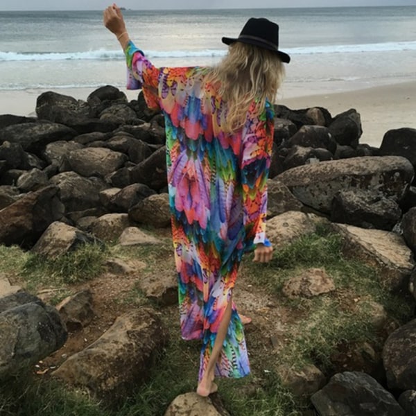 Dam med print Beach Bikini Cover Up Long Kimono Cardigan Multicolour One Size