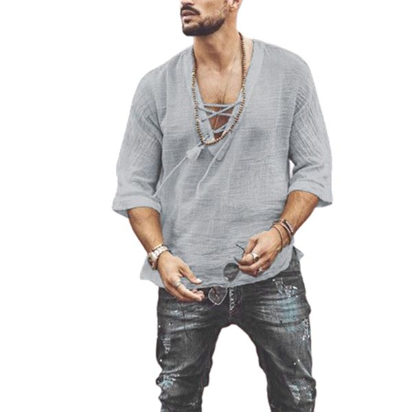 Miesten vintage-batikoidut nauhalliset hippi-henley-paita grey 4XL