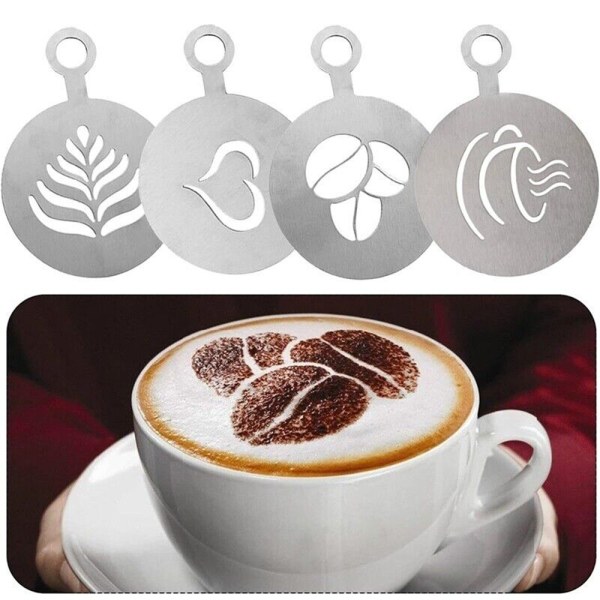 4x Barista Cappuccino stencilmallar i rostfritt stål för Coffee Latte Duster Black