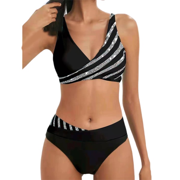 Womens Criss Cross Wrap-Look Bikini Set Badkläder Baddräkt Beach Svart 2XL