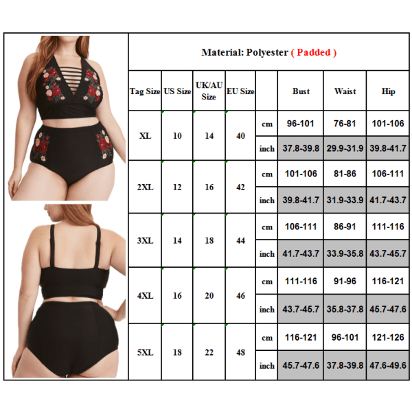 Plus Size Damkläder Högmidjad Baddräkt Ros Bikini Set Baddräkt Black 2XL