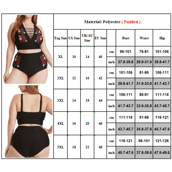 Plus Size Kvinnor Hög midja Baddräkt Rose Bikini Set Badkläder Black 5XL