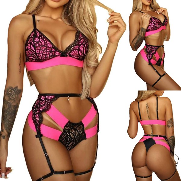 Kvinnor Sexiga Spetsunderkläder Set Push Up BH-byxor Babydoll Trosor L